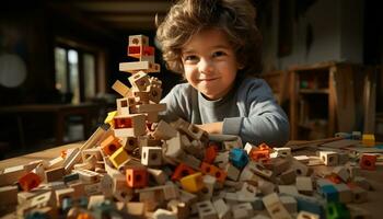 A cute child playing with a toy, smiling with happiness generated by AI photo