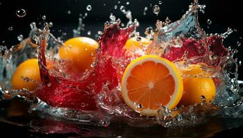 Freshness splashing, wet lemon drop, citrus fruit in liquid wave generated by AI photo