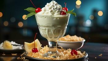 A refreshing bowl of ice cream with whipped cream decoration generated by AI photo