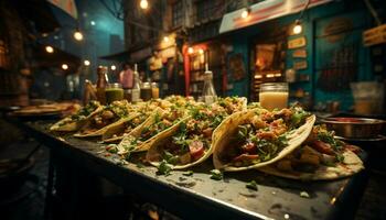 Grilled beef taco with fresh vegetables, spices, and guacamole generated by AI photo