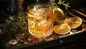 Refreshing citrus cocktail on a wooden table at a summer party generated by AI photo