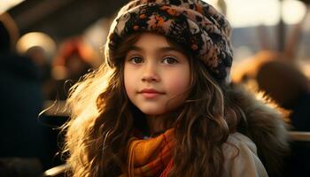 sonriente linda niño en invierno, alegre retrato de felicidad generado por ai foto