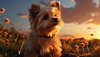 A cute puppy sitting in the grass, enjoying the sunset generated by AI photo