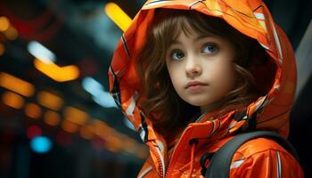 Cute Caucasian girl smiling, looking at camera in rainy autumn generated by AI photo