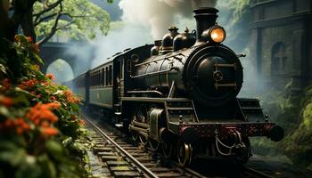 Steam train chugs through forest, a nostalgic journey through history generated by AI photo