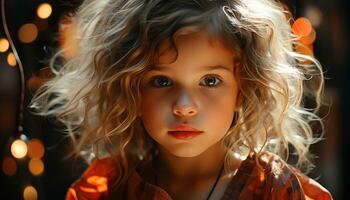 linda niño con Rizado pelo sonriente, mirando a cámara felizmente generado por ai foto