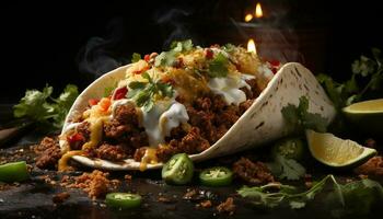 A la parrilla carne de vaca taco con guacamole, tomate, y cilantro en tortilla generado por ai foto