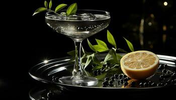 Refreshing cocktail with citrus fruit, ice, and a mint leaf generated by AI photo