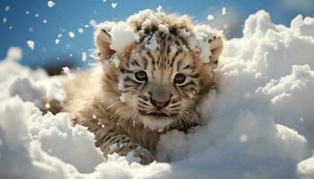 A cute tiger, fur striped, looking at camera in winter generated by AI photo