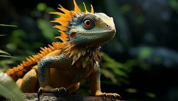 Green lizard perching on branch, its scales and horned head generated by AI photo