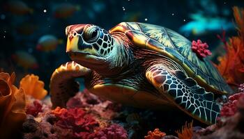 A beautiful sea turtle swimming in the underwater reef generated by AI photo