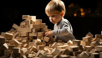Cute boys playing with toy blocks, learning and having fun generated by AI photo
