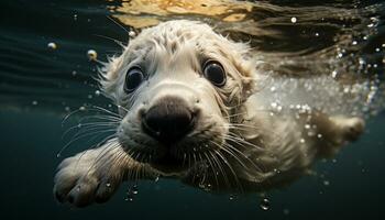 Cute puppy swimming underwater, wet fur, playful and looking at camera generated by AI photo