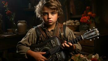 Cute Caucasian child playing guitar, musician plucking acoustic strings generated by AI photo