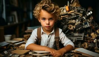 Cute blond child sitting, looking, learning, holding work tool indoors generated by AI photo