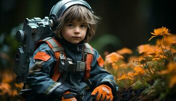 sonriente niño jugando en naturaleza, rodeado por otoño bosque generado por ai foto