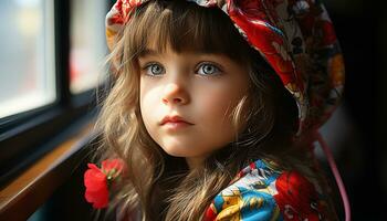 Cute girl, small and cheerful, looking at camera with innocence generated by AI photo