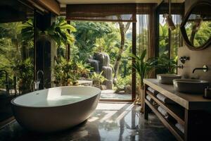 A bathroom in a luxury hotel in the jungle overlooking the pool AI generated photo