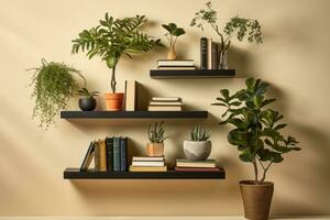 AI Generative bookshelf, with books, and a plant photo