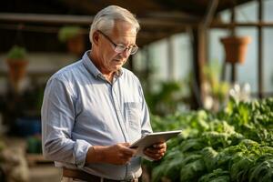 Thoughtful elderly man farmer standing with tablet computer in front of farm AI generated photo