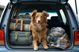 AI Generative dog at back of car sitting ready for travel photo