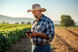 Thoughtful elderly man farmer standing with tablet computer in front of farm AI generated photo