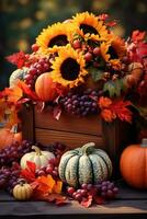 wooden box filled with autumn harvest pumpkins, apples, grapes, sunflowers, centered, autumn leaves AI generated photo