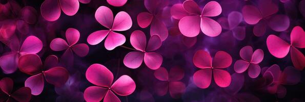 Bright pink pattern of four leaf clovers banner AI generated photo