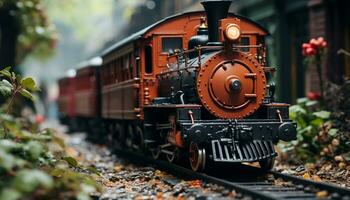 Steam train chugs through forest, a nostalgic journey through history generated by AI photo