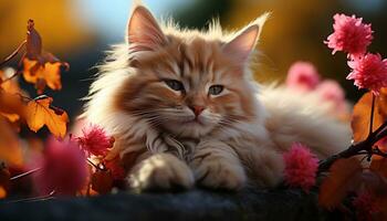 Cute kitten sitting on a tree, playful in autumn beauty generated by AI photo
