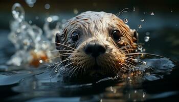 Cute mammal looking at camera, wet fur, playful underwater swim generated by AI photo