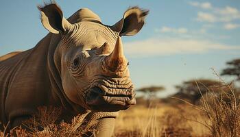 Large rhinoceros grazing in the African savannah, looking at camera generated by AI photo