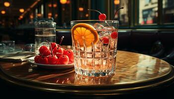 Refreshing cocktail on a wooden table at a lively bar generated by AI photo