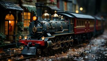 vapor tren en antiguo ferrocarril pista, transportar carbón mediante historia generado por ai foto