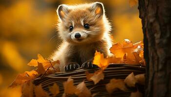 Fluffy puppy playing in autumn forest, cute and playful generated by AI photo