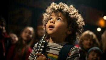 Children playing music, smiling, creating happiness, and having fun generated by AI photo