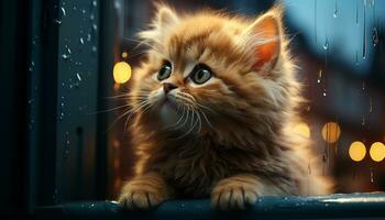 Cute kitten looking at camera, playful and fluffy, indoors generated by AI photo