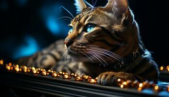 linda Doméstico gato sesión, curioso, mirando, juguetón, esponjoso, iluminado generado por ai foto