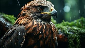 Majestic bird of prey perching on branch, captivating nature beauty generated by AI photo