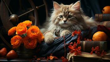 Cute kitten sitting on a wooden table, surrounded by autumn leaves generated by AI photo