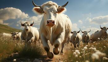 vacas pacer en verde prado, un pintoresco rural paisaje generado por ai foto