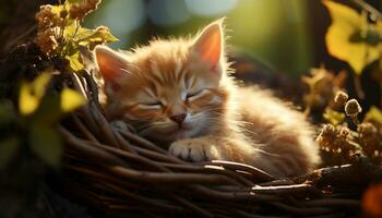 Cute kitten playing in the grass, enjoying the sunlight beauty generated by AI photo