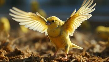 Cute bird perching on branch, spreading wings in natural beauty generated by AI photo