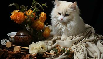 linda gatito sentado en mesa, rodeado por flores y plantas generado por ai foto