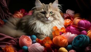 linda gatito sentado adentro, mirando a cámara, rodeado por flores generado por ai foto