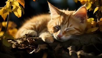Cute kitten playing in the autumn forest, enjoying nature beauty generated by AI photo