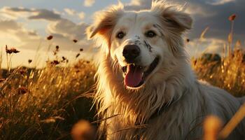 Cute puppy sitting in the meadow, enjoying the summer sunset generated by AI photo