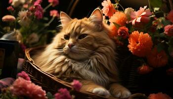 linda gatito sentado en un cesta, rodeado por flores y naturaleza generado por ai foto