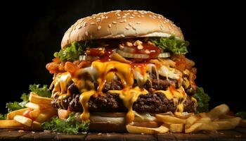 A la parrilla gastrónomo hamburguesa con queso, tomate, cebolla, y Fresco vegetales generado por ai foto