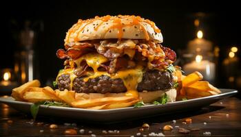 Grilled gourmet burger with fries, cheese, and fresh vegetables generated by AI photo